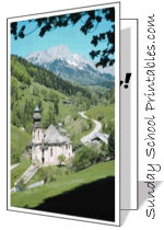 mountain valley, stone church, birthday card
